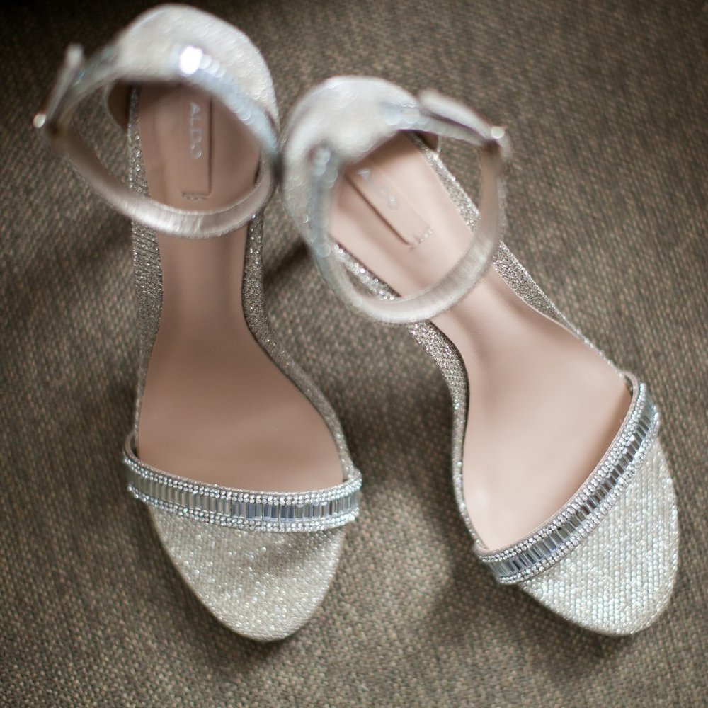 Aldo Gold Open Toe Rhinestone Ankle Strap Heels